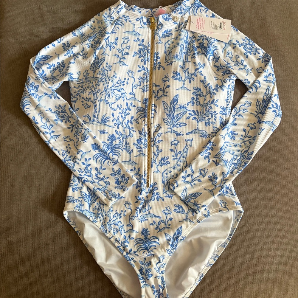 EUC Lilly Pulitzer Blue and White “Tall Tales” Rashguard Swimsuit - Picture 2 of 7